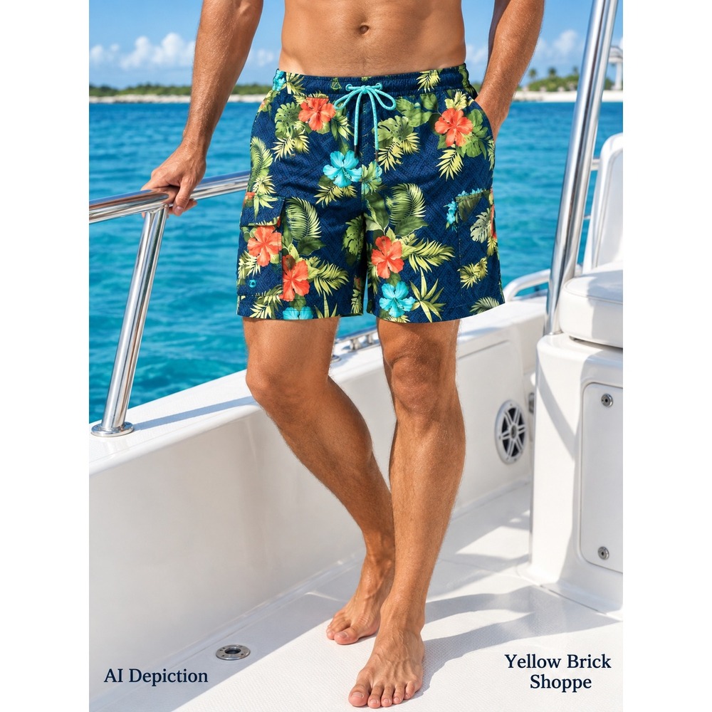 Tommy Bahama Relax Mens XL Navy Blue Tropical Floral Mesh Lined Swim Trunks